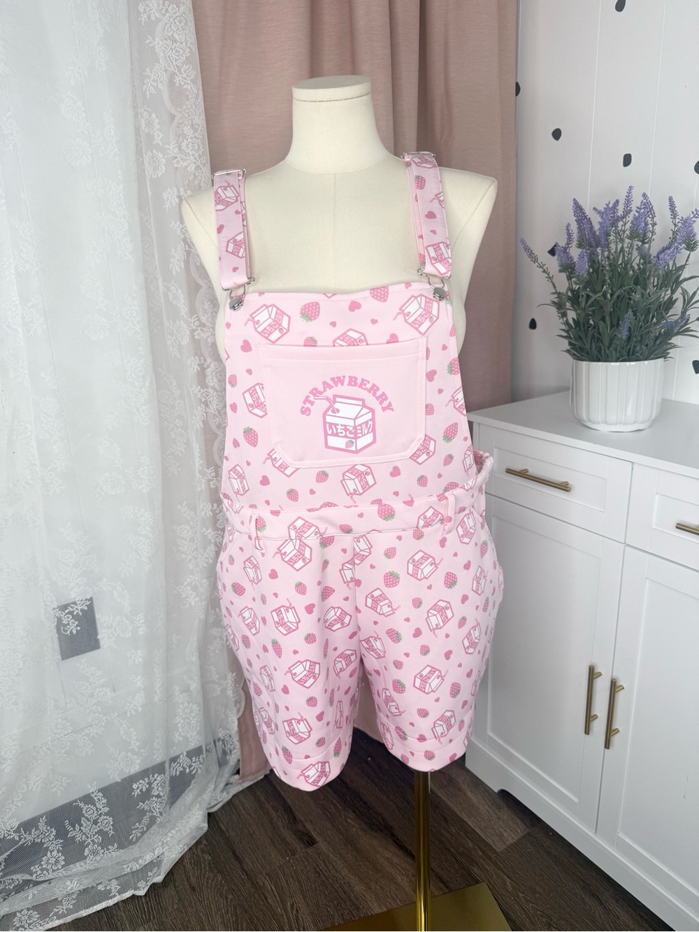 Hot topic Pink Strawberry milk Print Short Overalls BIN#15